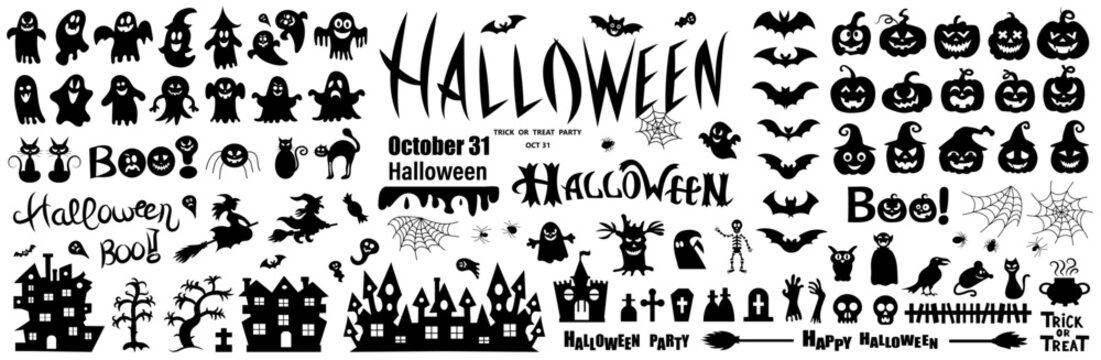 Big set of silhouettes of Halloween on a white background. Vector illustration