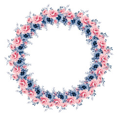 Wreath with flowers, leaves and branches in vintage watercolor style. Vector circle frame, Vintage blue and pink flowers.