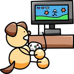 テレビゲームで遊ぶわんまるのイラスト　犬
