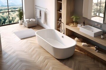 interior design, top view of modern bathroom with white and wooden walls, wooden floor.created generative ai.