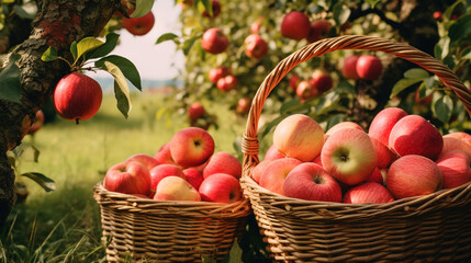 A close-up image of a basket filled with freshly picked apples,   AI-Generated