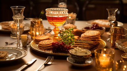 a beautifully arranged table for Rosh Hashanah dinner, featuring traditional dishes and symbolic elements,  AI-Generated