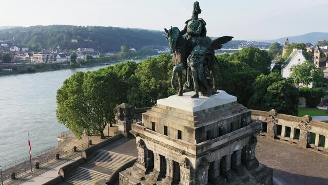 Drone flight over the Kaiser Wilhelm Monument. Deutsches Eck the confluence of the Rhine and Moselle. Koblenz, Rhineland-Palatinate, Germany, Europe