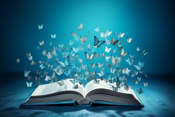 An open book with butterflies flying out of it. AI