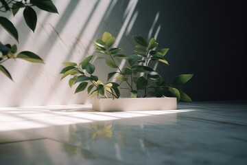 Beautiful minimalistic light background with blurred foliage shadow on a light wall. Background for presentation with with marble floor. Ai generative.