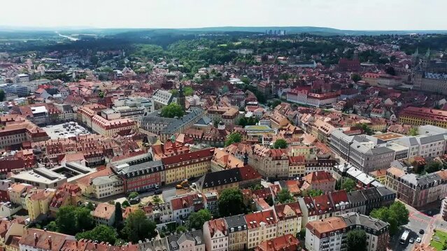Drone video over the historic old town of Bamberg between the Regnitz and Main rivers. Bamberg, Upper Franconia, Bavaria, Germany, Europe