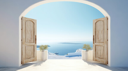 imaginary view to Fira town on Santorini island, Greece. Incredibly romantic sunrise on Santorini. village in the morning light. Amazing sunset view with white houses. Island of lovers