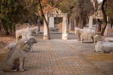 Fototapete Altes Gebäude China. Ancient Cemetery of Confucius, a statues of a horse, lion and a sheep