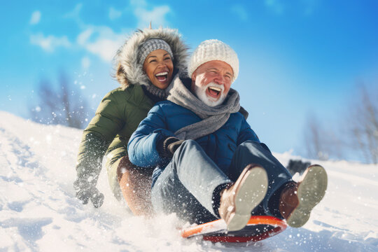 old couple with different skin color have fun tobogganing, generative ai