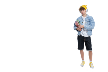 PNG, A teenager in headphones with books isolate on a white background