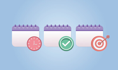 calendar icons in three versions with clock, target and check mark.on blue background.Vector Design Illustration.