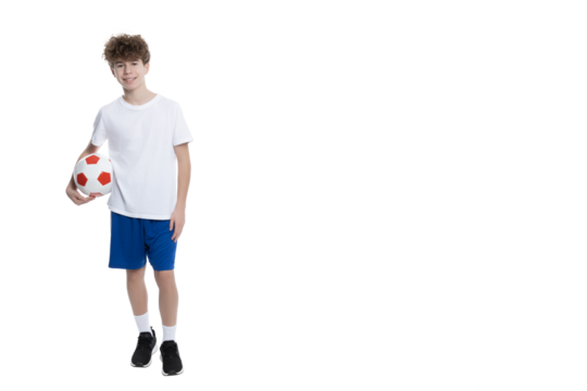 PNG,teenager with a ball, place for text, isolated on white background