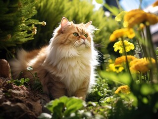 Naklejka na ściany i meble Persian Cat in a lush green garden (Generative AI)