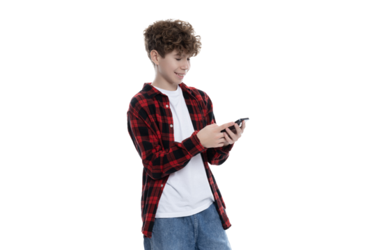 PNG,happy teenager with phone in hands, isolated on white background