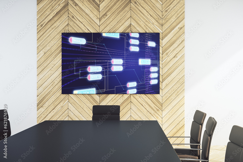 Poster abstract creative coding sketch on presentation screen in a modern conference room, artificial intel