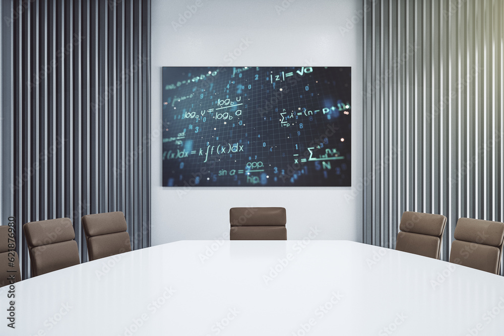 Poster creative scientific formula concept on presentation screen in a modern conference room. 3d rendering