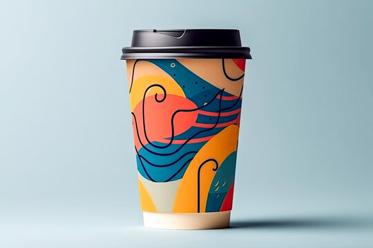 Cofee cup mockup modern abstrackt design example on light blue background.
