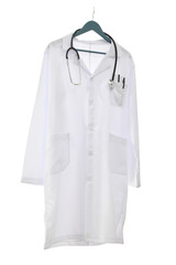 PNG, a white doctor's uniform on a hanger,isolated on white background