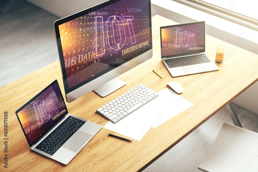 Poster Creative IOT illustration on modern computer monitor, future technology concept. 3D Rendering