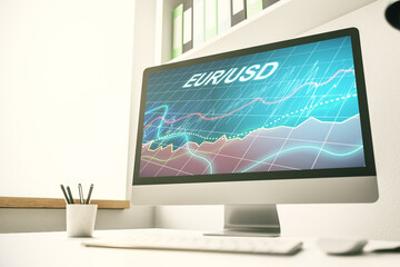 Creative EURO USD forex graph sketch on modern laptop monitor, strategy and forecast concept. 3D Rendering
