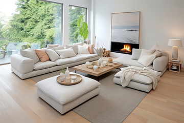 A living luxurary room of a beautiful bright modern Scandinavian style house, generative AI
