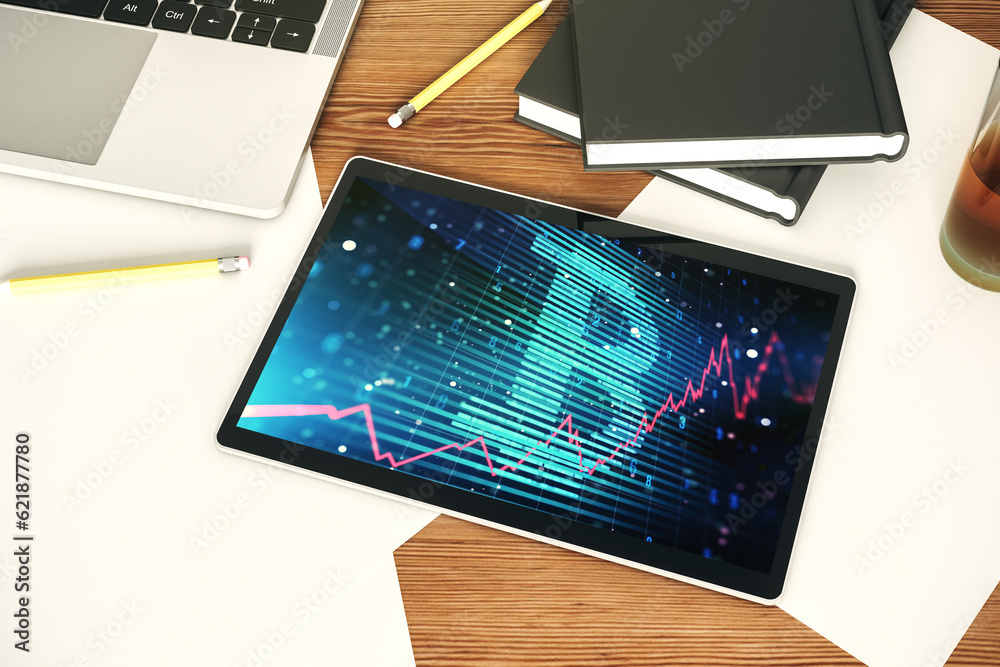 Aufkleber Creative Bitcoin concept on modern digital tablet screen. Top view. 3D Rendering