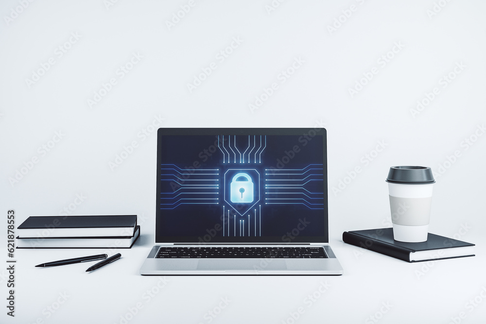 Poster Creative idea concept with lock symbol and microcircuit illustration on modern laptop screen. Protection and firewall concept. 3D Rendering