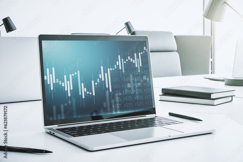 Poster modern computer display with abstract financial graph, financial and trading concept. 3d rendering