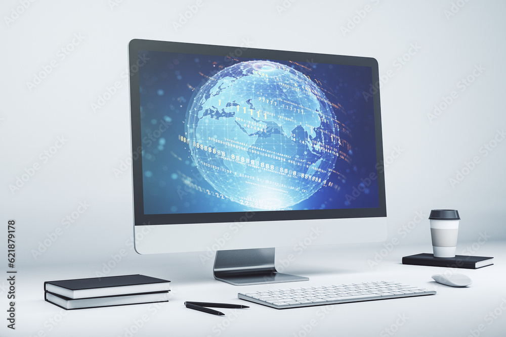 Poster abstract creative coding concept with world map on modern laptop screen. 3d rendering