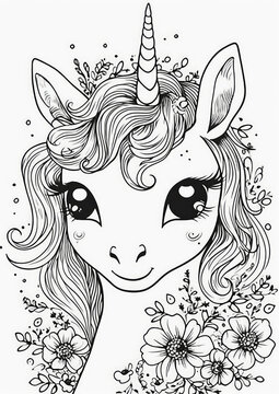 Coloring book for kids, cute unicorn portrait, fairy horse with beauty hair and one horn. Contour coloring page funny animals on white background, vertical orientation. Generative AI.