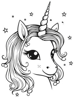 Coloring book for kids, cute unicorn portrait, fairy horse with beauty hair and one horn. Contour coloring page funny animals on white background, vertical orientation. Generative AI.