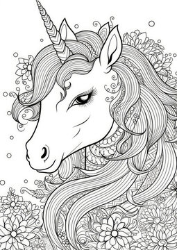 Coloring book for kids, cute unicorn portrait, fairy horse with beauty hair and one horn. Contour coloring page funny animals on white background, vertical orientation. Generative AI.
