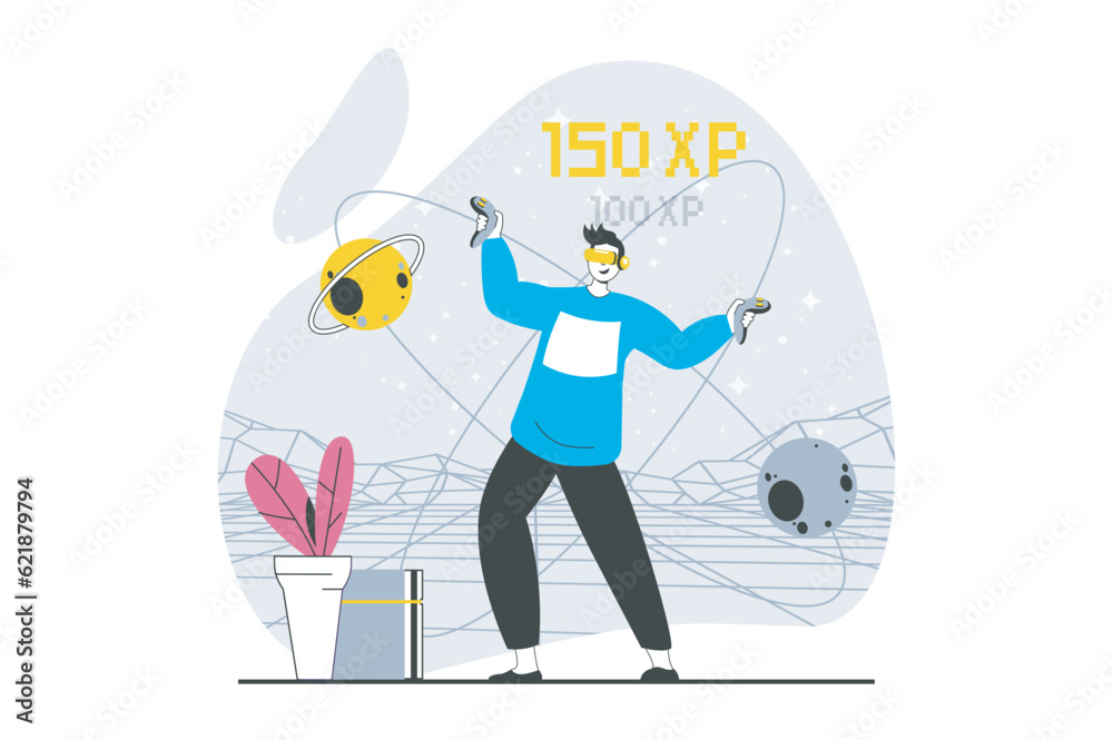 Leinwandbilder virtual reality concept with people scene in flat design for web. man in vr headset playing in futur