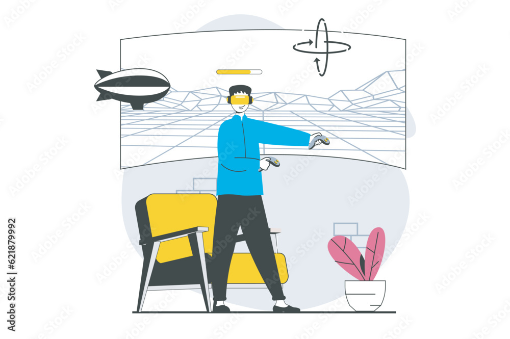 Leinwandbilder virtual reality concept with people scene in flat design for web. man in vr headset playing game in 