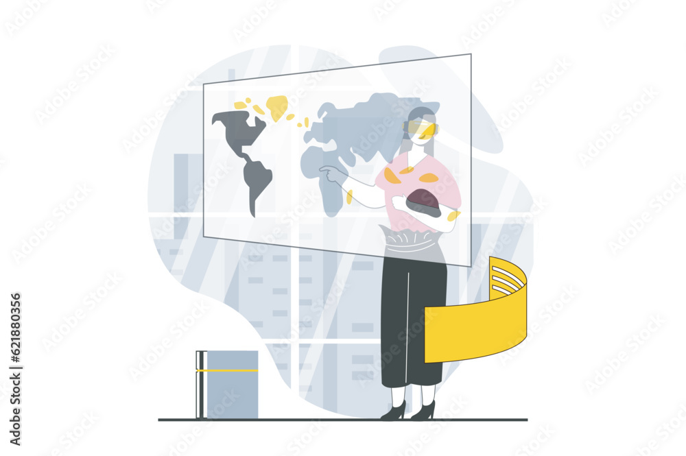 Poster virtual reality concept with people scene in flat design for web. woman in vr headset working and in