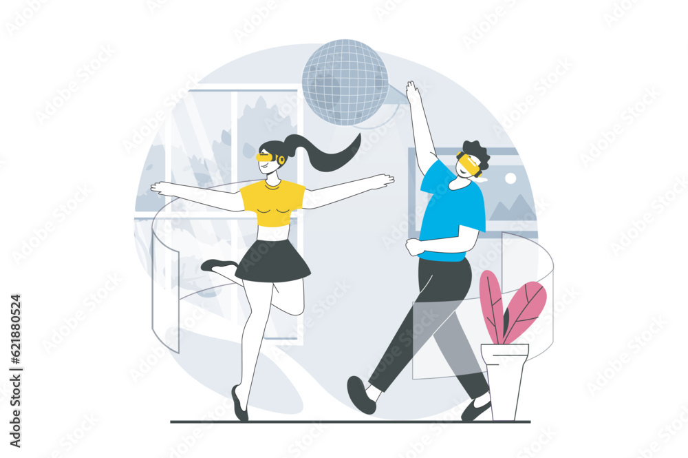 Poster virtual reality concept with people scene in flat design for web. woman and man in vr headsets danci