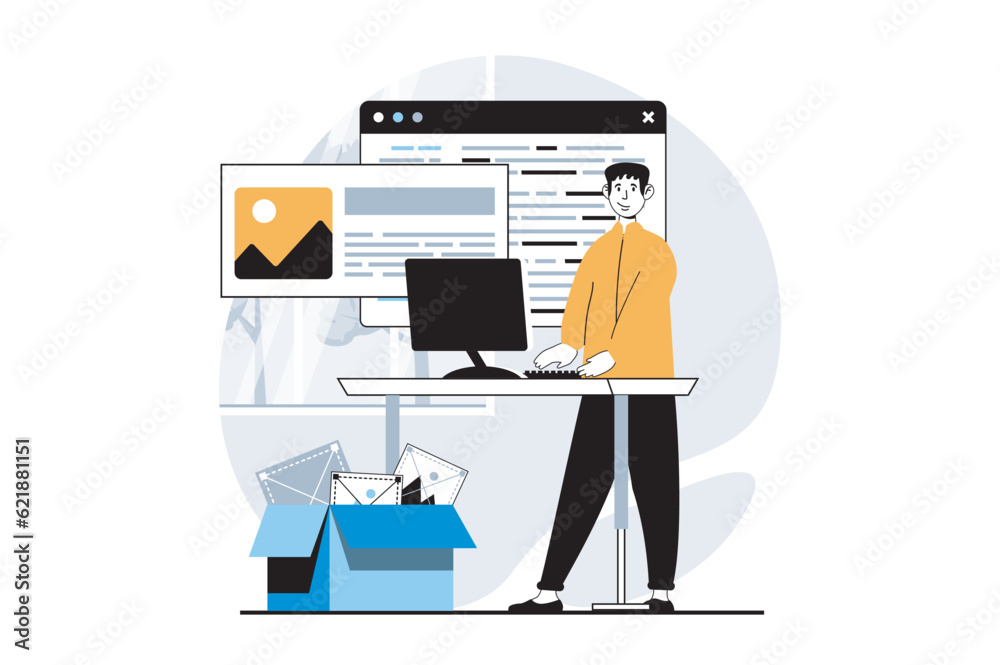 Leinwandbilder web development concept with people scene in flat design. man working with webpage wireframe mockup,