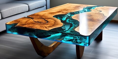 decorative table, table created from blue epoxy resin wave and wood - obrazy, fototapety, plakaty