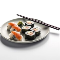 Sushi on a plate with chopsticks generative ai