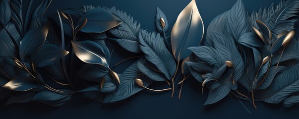Luxury dark blue textured 3D banner background frame with golden and blue tropical leaves. Ai generative. - obrazy, fototapety, plakaty