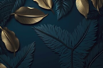 Dark blue textured 3D background frame with golden and blue tropical leaves. Ai generative.