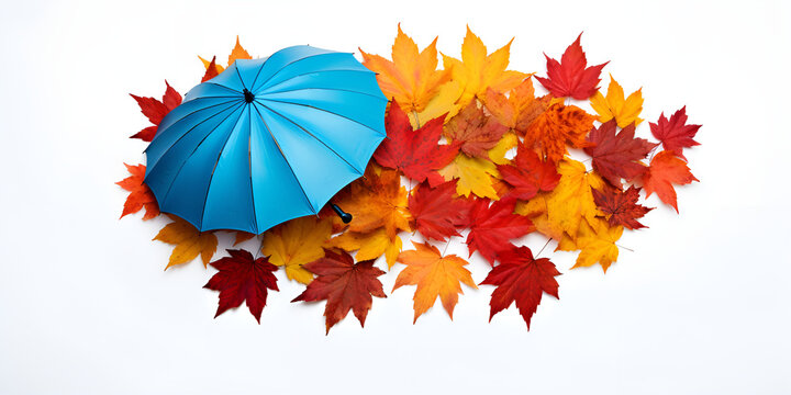 Autumn leaves and umbrella, Yellow Leaves and Blue Umbrella, generative Ai