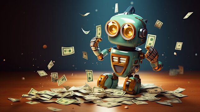 Very cute robot with big eyes looking at money