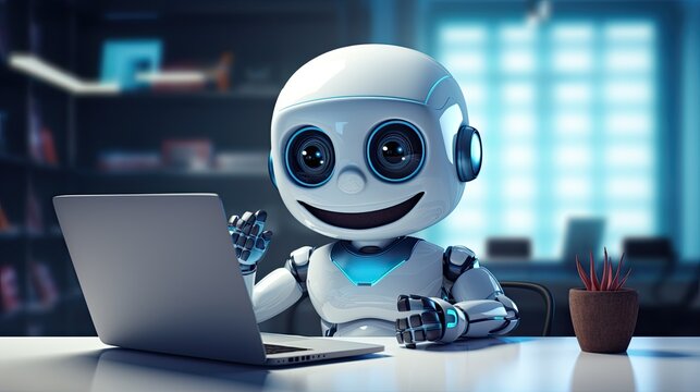 cute robot smiling and working on a laptop in an office