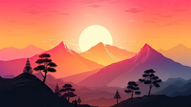 Beautiful sunset painting with mountains, sun and trees