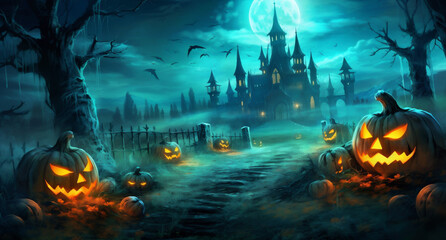 pumpkin holiday dark horror moon grave night bat cemetery halloween. Generative AI.