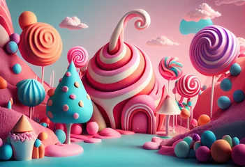 Abwaschbare Fototapete Hell-pink rainbow candy land, fantasy sweet world. Generative Ai