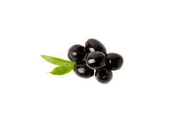 Tasty black olives isolated on white background. Olive and olive tree branches on a white table. Delicacy.