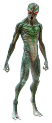 3D Rendering Green Alien on White