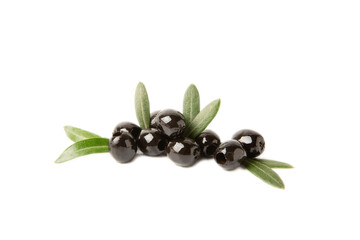 Tasty black olives isolated on white background. Olive and olive tree branches on a white table....